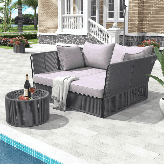 Outdoor Chaise Lounge Set Patio Daybed with Clear Tempered Glass Table (Grey)