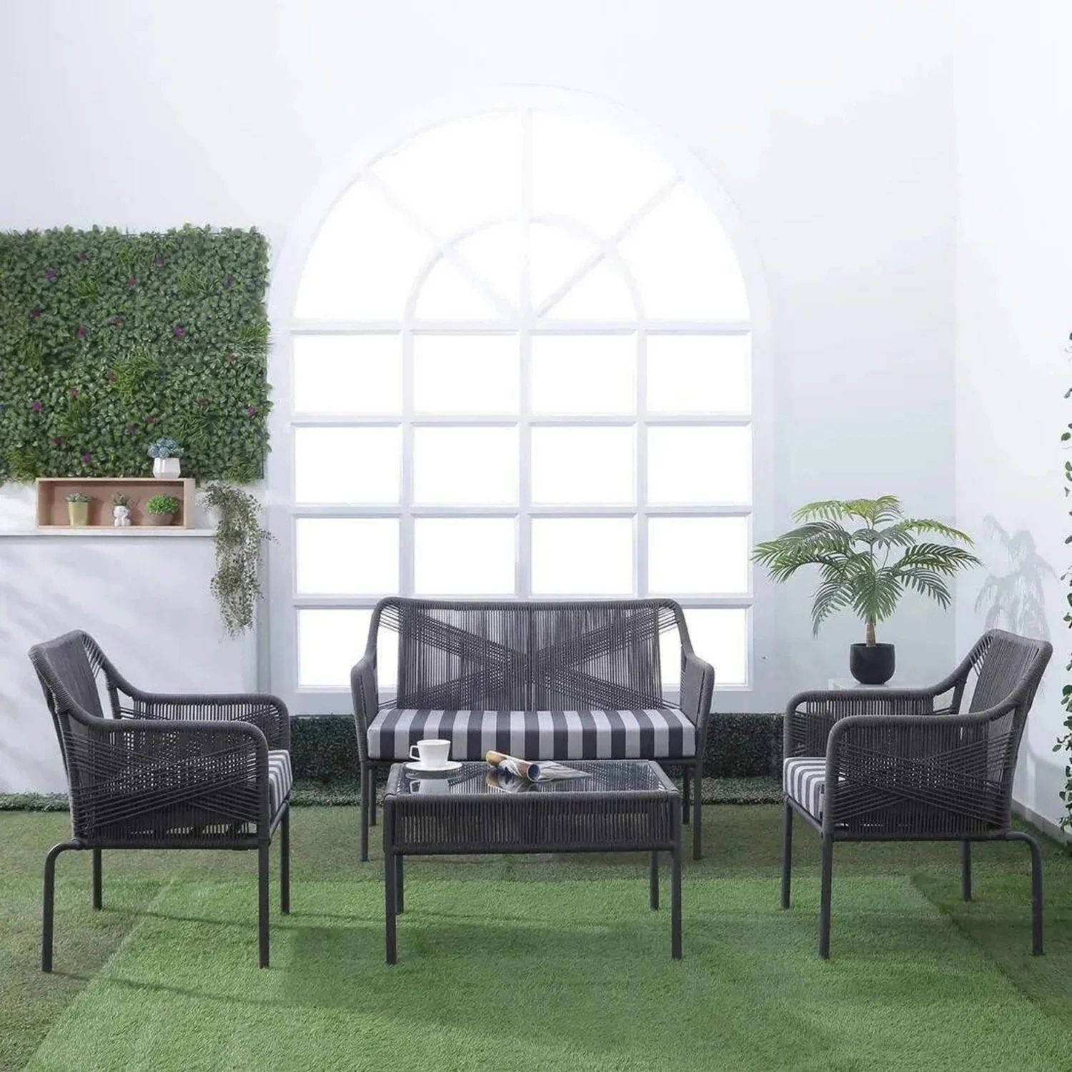 4-Piece Dark Grey Rope Sofa Set with Thick Cushions and Toughened Glass Top Table