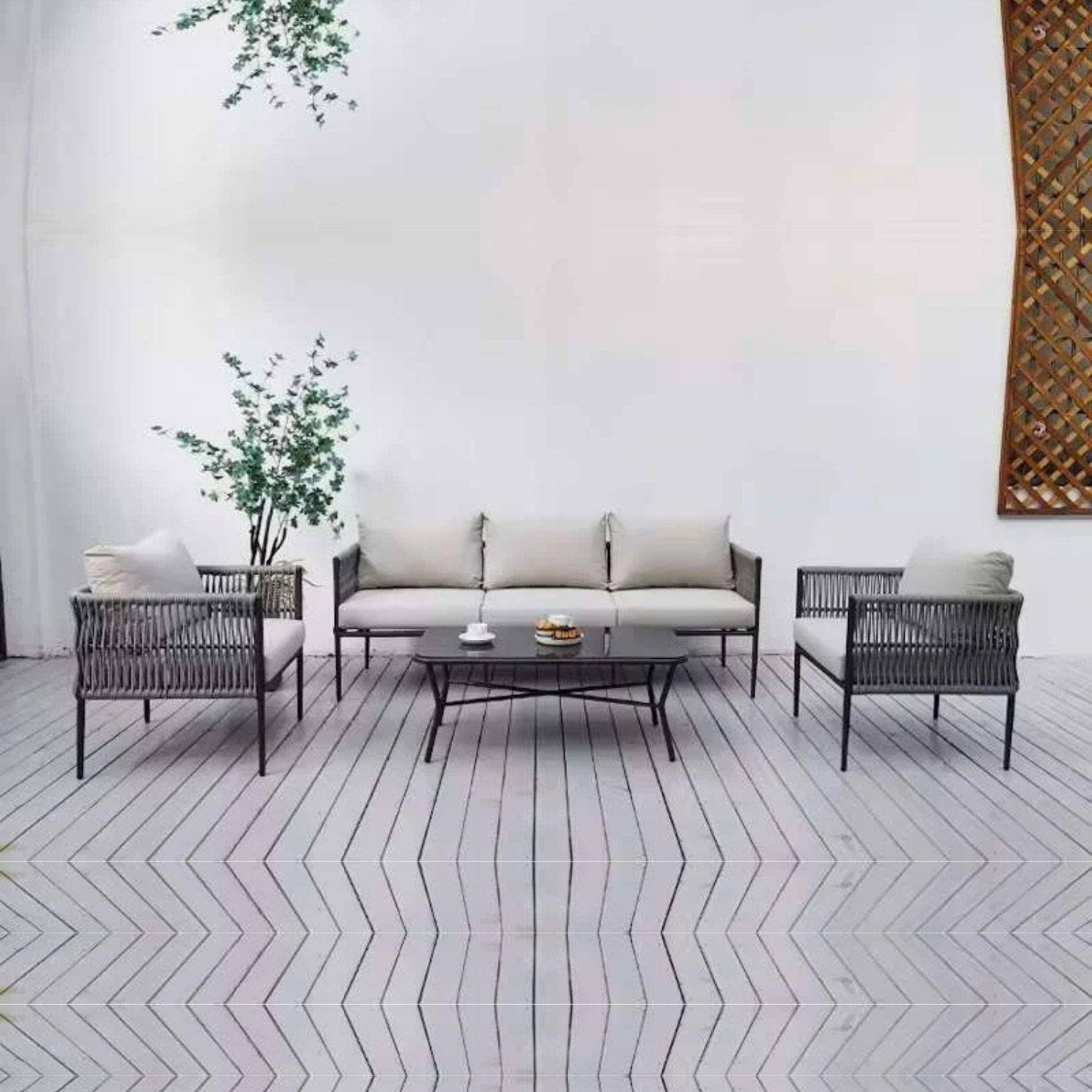 Outdoor Rope Woven Sectional Sofa Patio Set with Waterproof Cushions & Glass Tabletop (Grey & Light Grey)