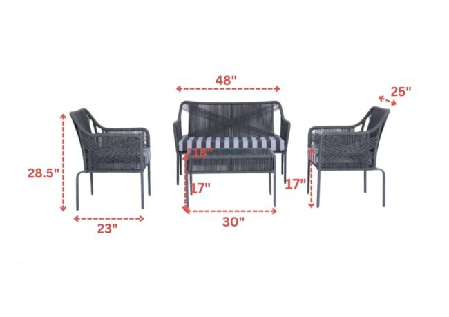 4-Piece Dark Grey Rope Sofa Set with Thick Cushions and Toughened Glass Top Table - Image 2
