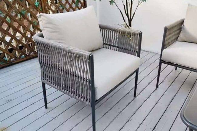 Outdoor Rope Woven Sectional Sofa Patio Set with Waterproof Cushions & Glass Tabletop (Grey & Light Grey) - Image 4