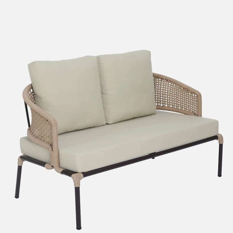 All-Weather Patio Rope Sofa Set with Glass Top Coffee Table (Beige & Cream) - Image 6