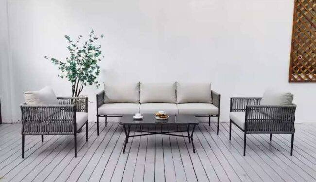 Outdoor Rope Woven Sectional Sofa Patio Set with Waterproof Cushions & Glass Tabletop (Grey & Light Grey)
