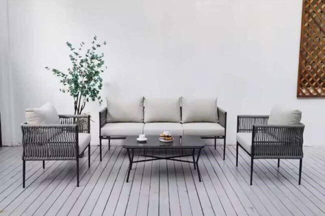 Outdoor Rope Woven Sectional Sofa Patio Set with Waterproof Cushions & Glass Tabletop (Grey & Light Grey) - Image 6