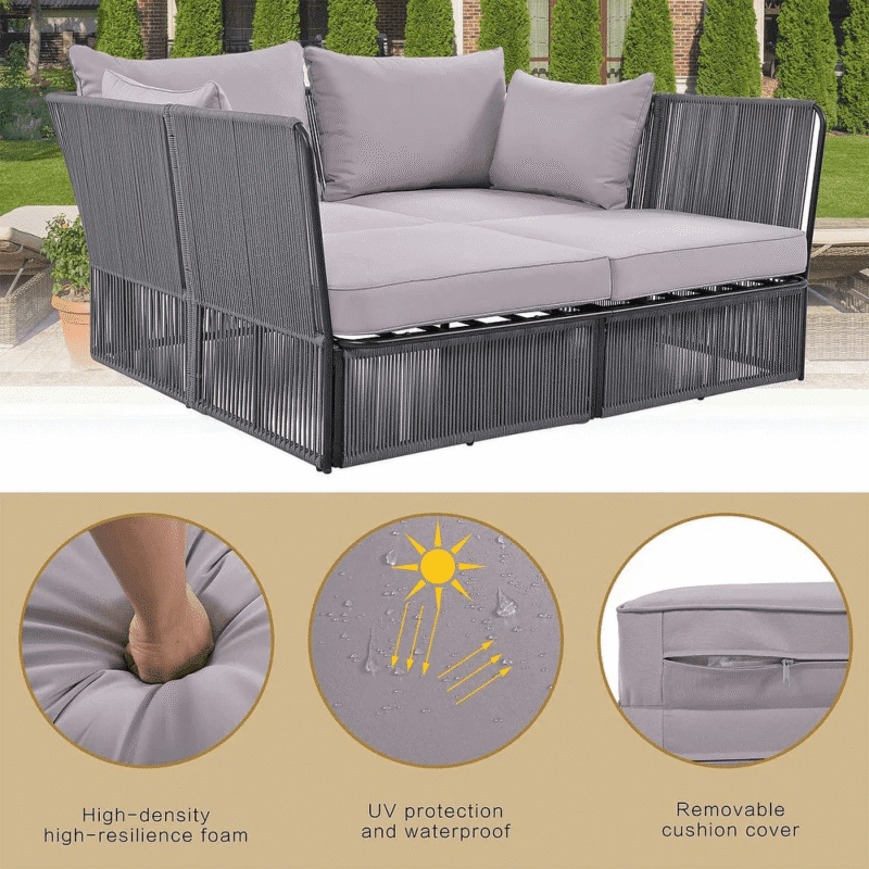 Outdoor Chaise Lounge Set Patio Daybed with Clear Tempered Glass Table (Grey) - Image 6