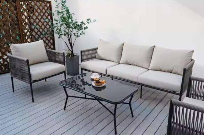 Outdoor Rope Woven Sectional Sofa Patio Set with Waterproof Cushions & Glass Tabletop (Grey & Light Grey) - Image 7
