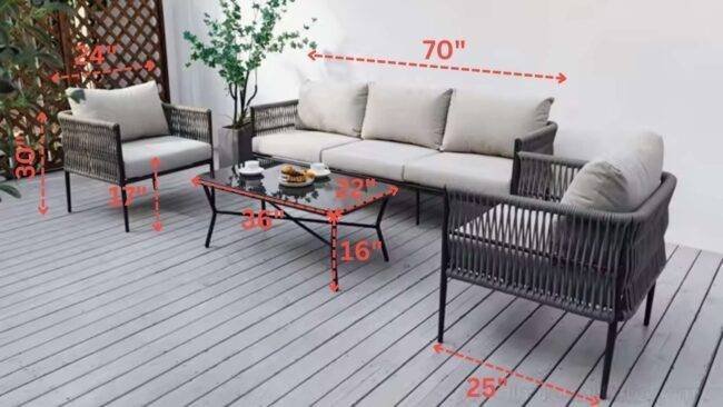 Outdoor Rope Woven Sectional Sofa Patio Set with Waterproof Cushions & Glass Tabletop (Grey & Light Grey) - Image 3