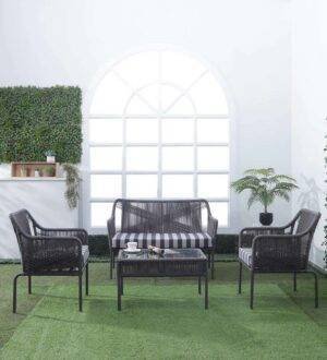 4-Piece Dark Grey Rope Sofa Set with Thick Cushions and Toughened Glass Top Table