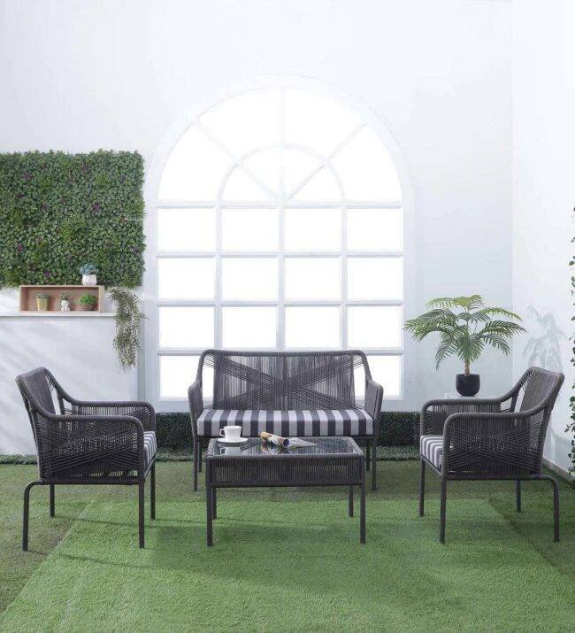 4-Piece Dark Grey Rope Sofa Set with Thick Cushions and Toughened Glass Top Table
