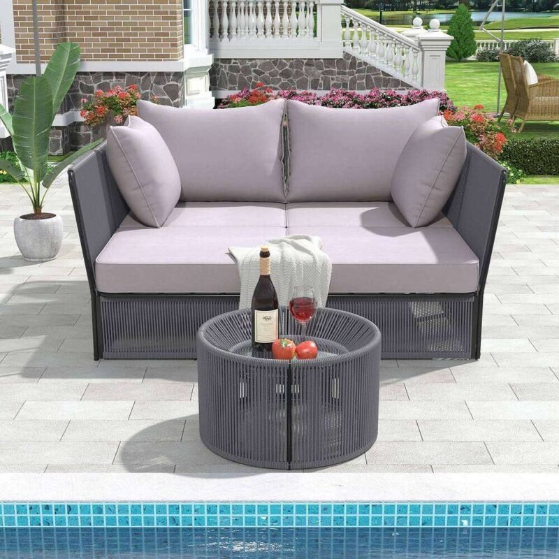 Outdoor Chaise Lounge Set Patio Daybed with Clear Tempered Glass Table (Grey) - Image 9