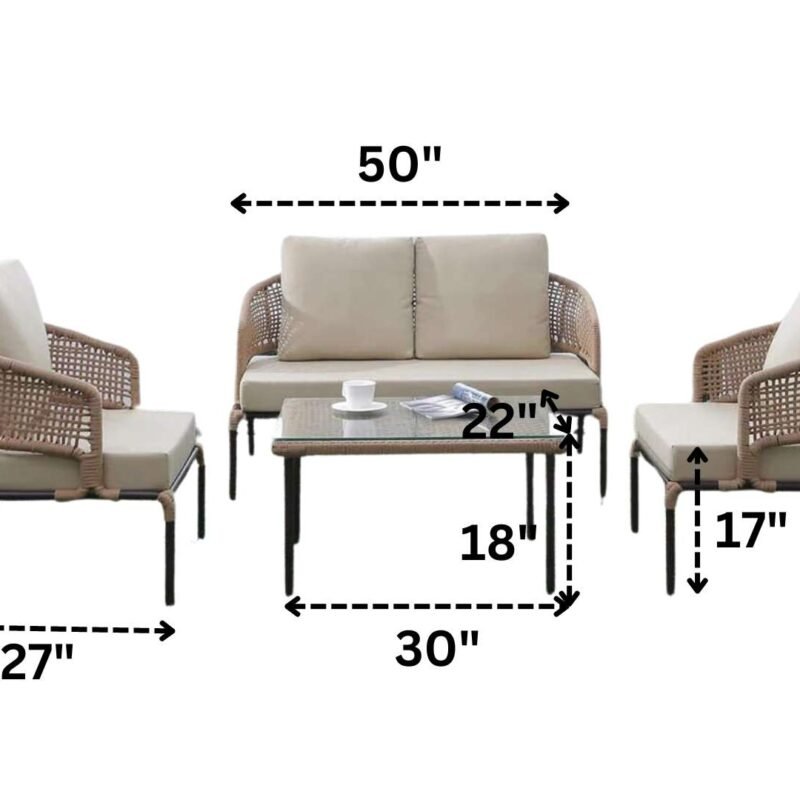 All-Weather Patio Rope Sofa Set with Glass Top Coffee Table (Beige & Cream) - Image 3