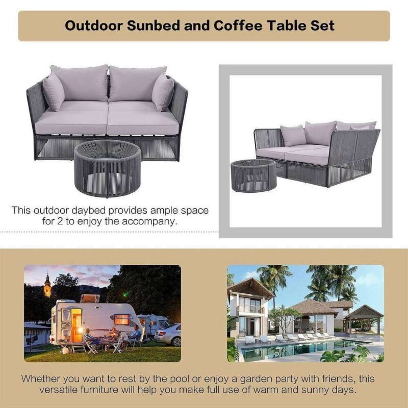 Outdoor Chaise Lounge Set Patio Daybed with Clear Tempered Glass Table (Grey) - Image 8