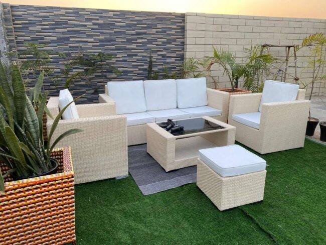 All Weather Rattan Wicker 6 Seater Sofa Set (Beige & Off White)