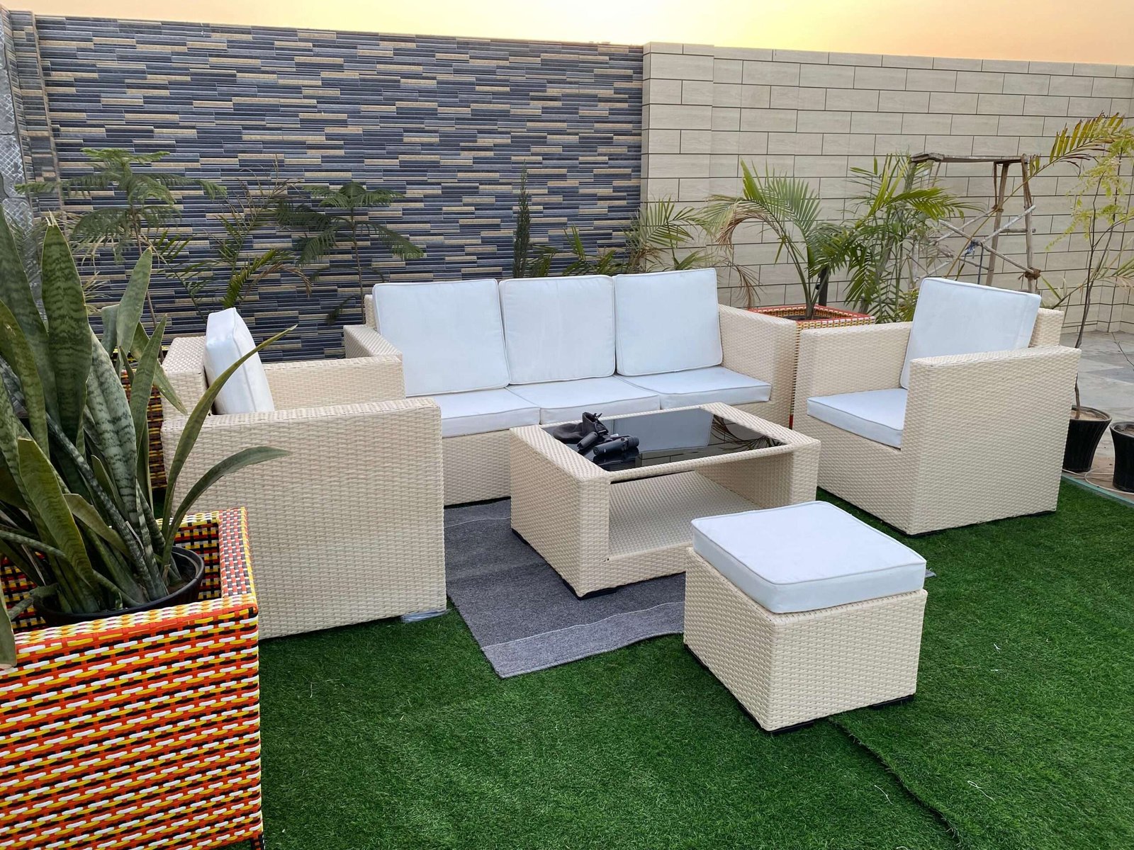 All Weather Rattan Wicker 6 Seater Sofa Set (Beige & Off White)