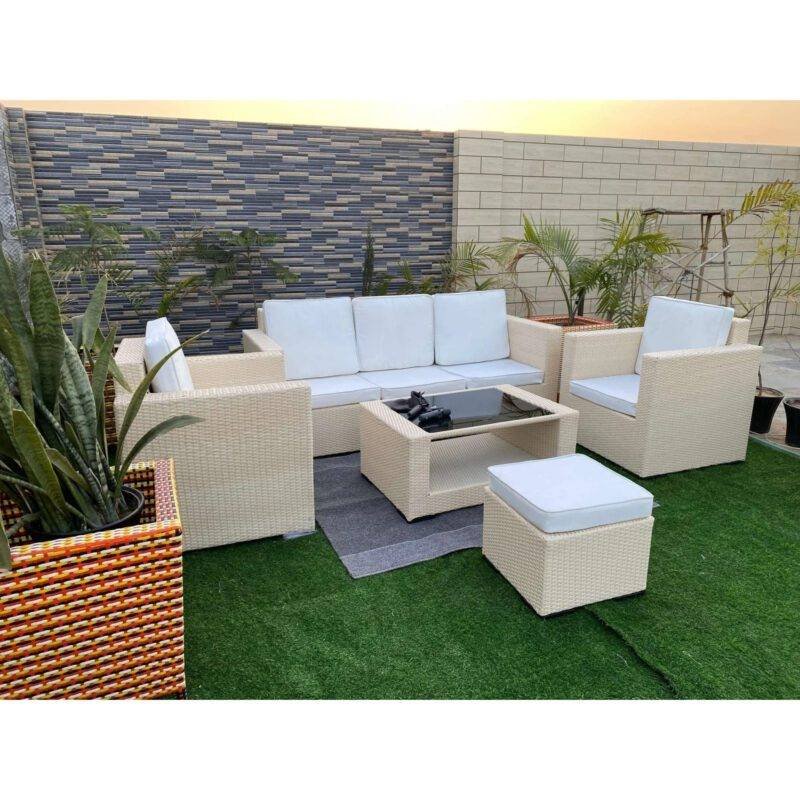 All Weather Rattan Wicker 6 Seater Sofa Set (Beige & Off White)
