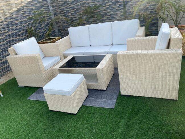 All Weather Rattan Wicker 6 Seater Sofa Set (Beige & Off White) - Image 9