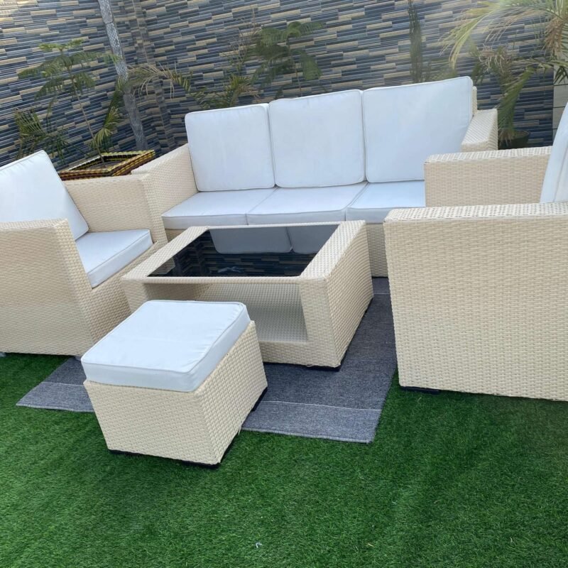 All Weather Rattan Wicker 6 Seater Sofa Set (Beige & Off White) - Image 9
