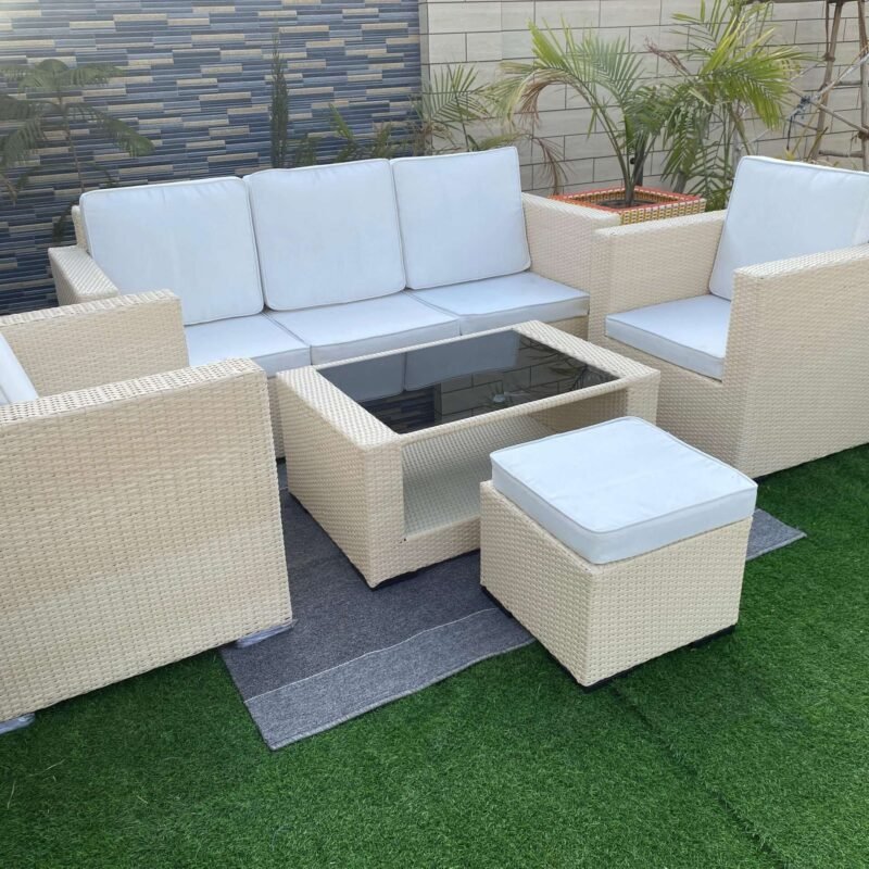 All Weather Rattan Wicker 6 Seater Sofa Set (Beige & Off White) - Image 3