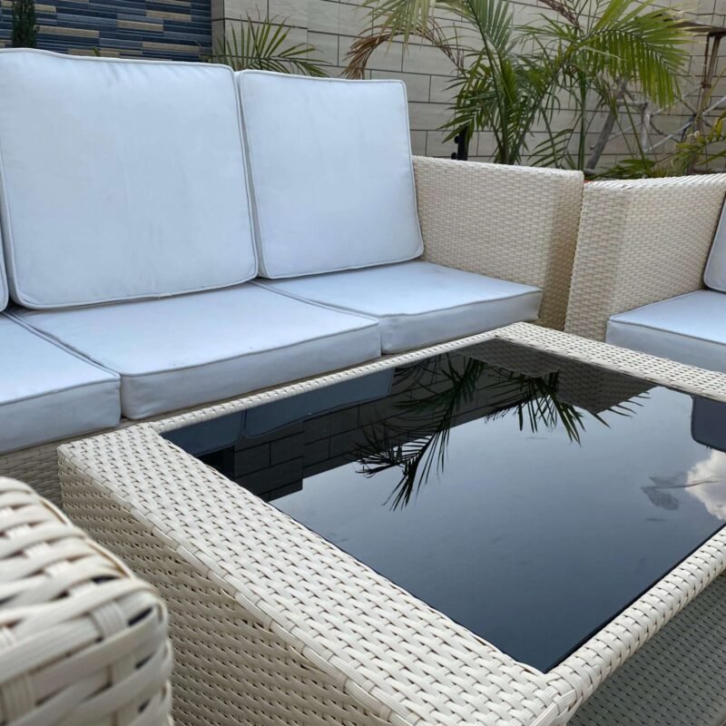All Weather Rattan Wicker 6 Seater Sofa Set (Beige & Off White) - Image 4