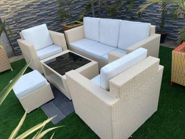 All Weather Rattan Wicker 6 Seater Sofa Set (Beige & Off White) - Image 6