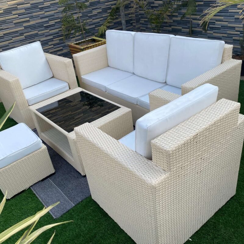 All Weather Rattan Wicker 6 Seater Sofa Set (Beige & Off White) - Image 6