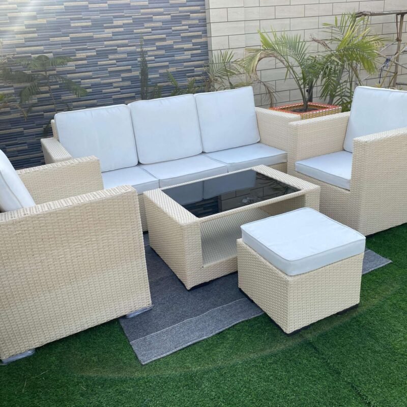 All Weather Rattan Wicker 6 Seater Sofa Set (Beige & Off White) - Image 7