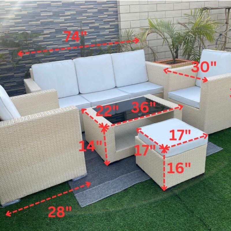 All Weather Rattan Wicker 6 Seater Sofa Set (Beige & Off White) - Image 2