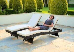 Set of 2 Outdoor Patio Recliner Lounger Chair with All Weather Cushions (Dark Brown & Off-white)