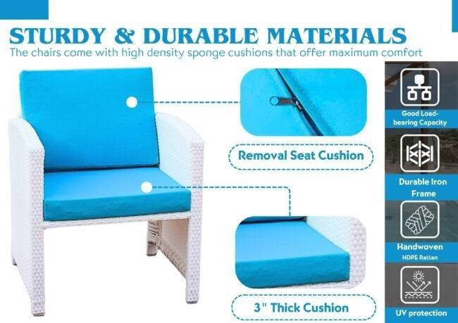 5-Piece Rattan Patio Set with Soft Cushion Chair & Ottoman (White & Sky-blue) - Image 4