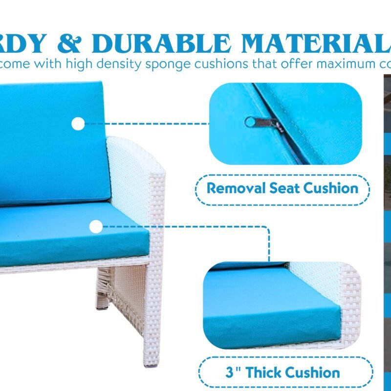 5-Piece Rattan Patio Set with Soft Cushion Chair & Ottoman (White & Sky-blue) - Image 4