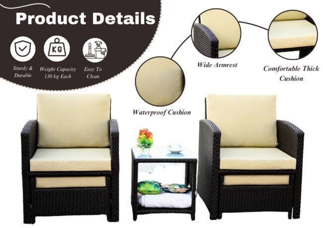 5 Piece Patio Wicker Chair and Ottoman Set (Dark Brown & Cream) - Image 4