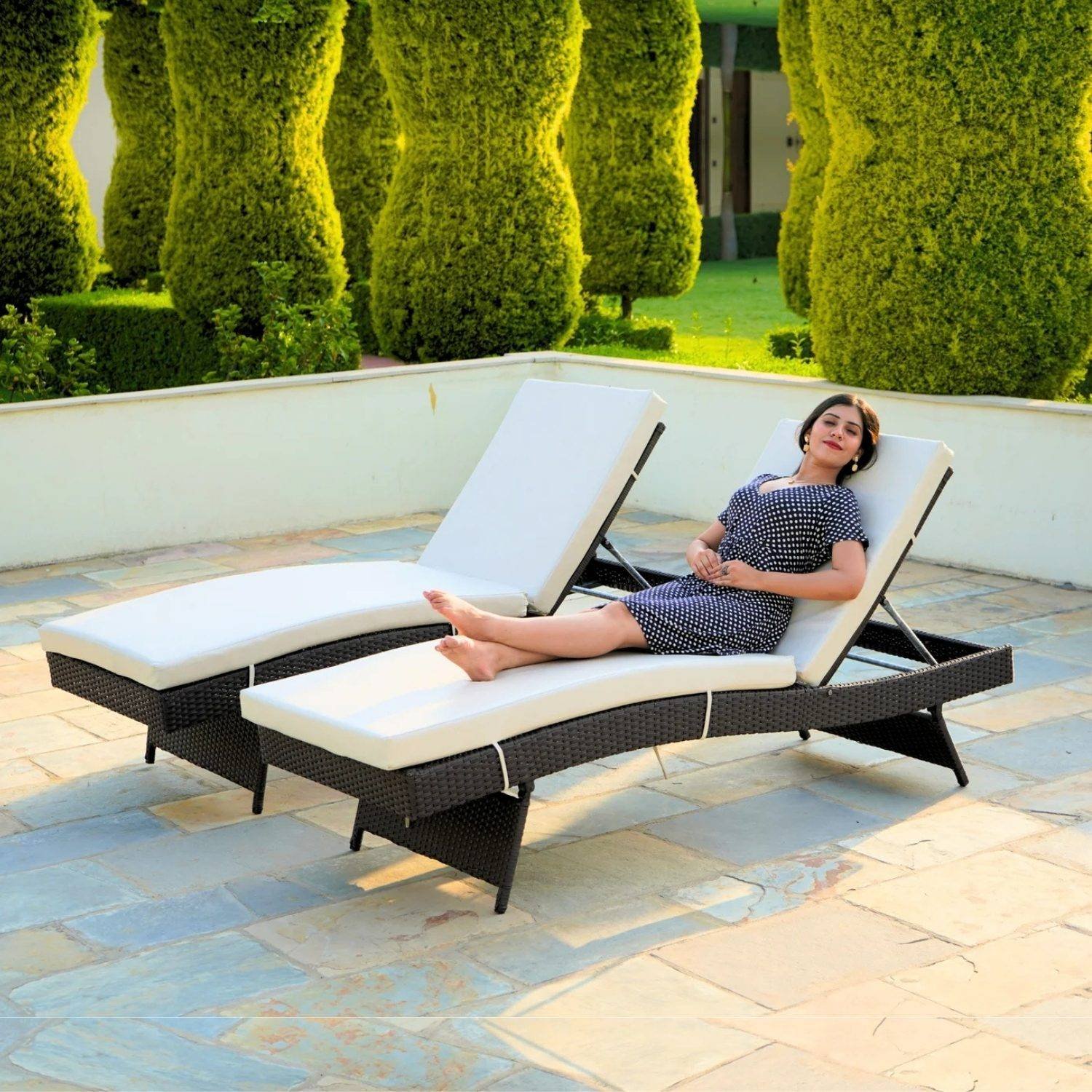 Set of 2 Outdoor Patio Recliner Lounger Chair with All Weather Cushions (Dark Brown & Off-white)