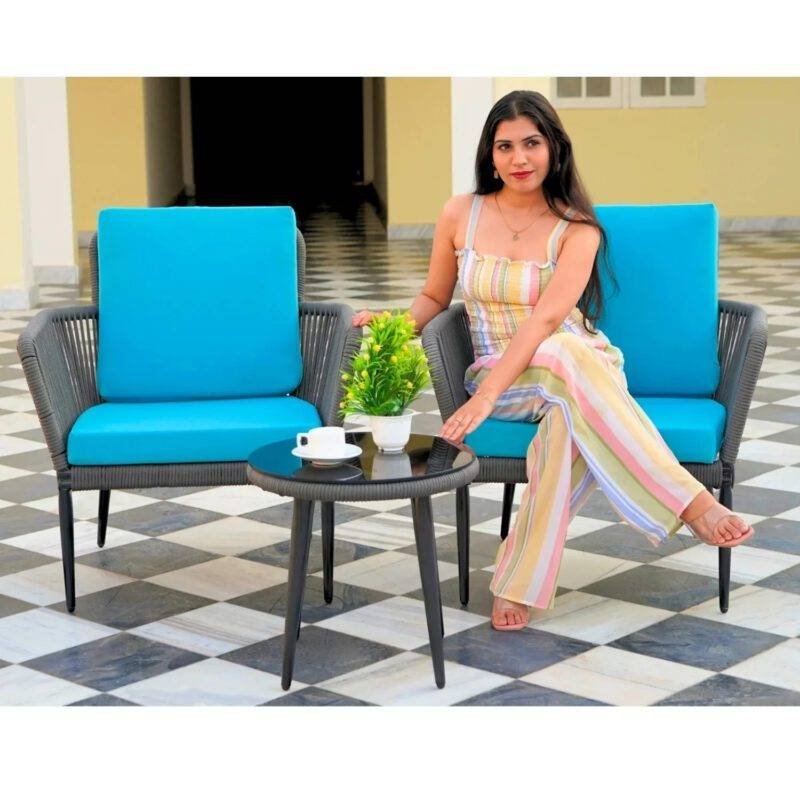 Outdoor Rope 3 Piece Bistro Patio Set (Grey & Sky-blue)