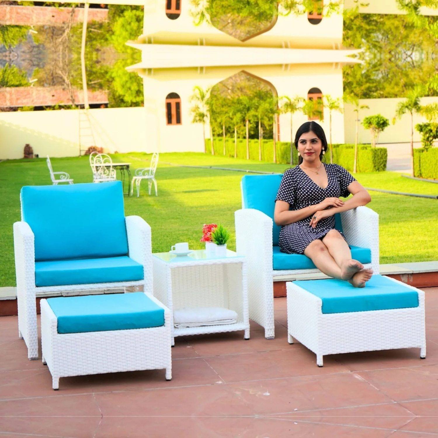 5-Piece Rattan Patio Set with Soft Cushion Chair & Ottoman (White & Sky-blue)