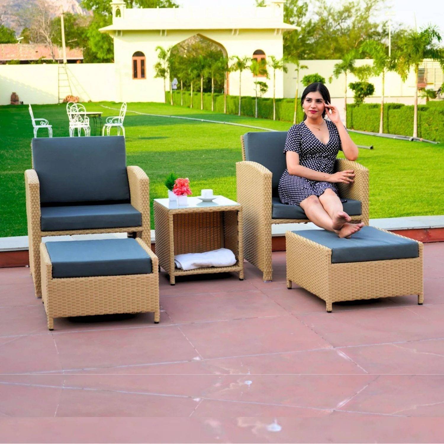 5 Piece Patio Wicker All Weather Sectional Furniture (Beige & Dark Grey)