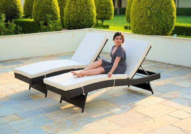 Set of 2 Outdoor Patio Recliner Lounger Chair with All Weather Cushions (Dark Brown & Off-white) - Image 7