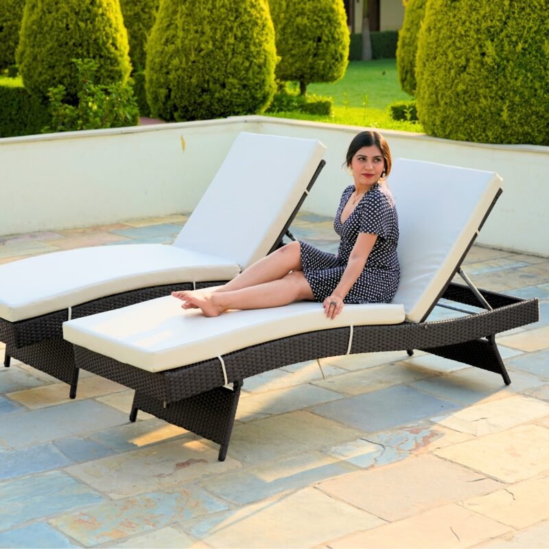 Set of 2 Outdoor Patio Recliner Lounger Chair with All Weather Cushions (Dark Brown & Off-white) - Image 7
