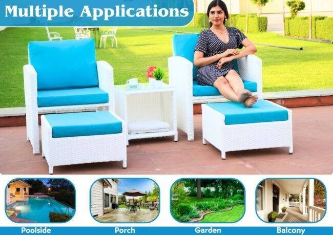 5-Piece Rattan Patio Set with Soft Cushion Chair & Ottoman (White & Sky-blue) - Image 6