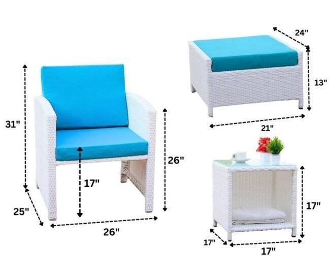 5-Piece Rattan Patio Set with Soft Cushion Chair & Ottoman (White & Sky-blue) - Image 2