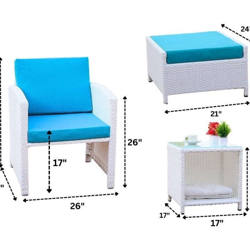 5-Piece Rattan Patio Set with Soft Cushion Chair & Ottoman (White & Sky-blue) - Image 2