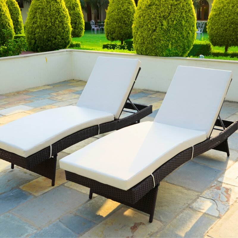 Set of 2 Outdoor Patio Recliner Lounger Chair with All Weather Cushions (Dark Brown & Off-white) - Image 3