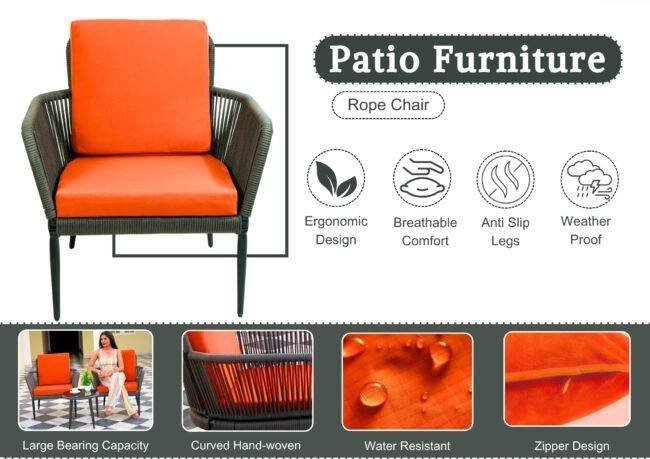 3 Piece Patio Outdoor All Weather Set (Grey & Orange) - Image 4