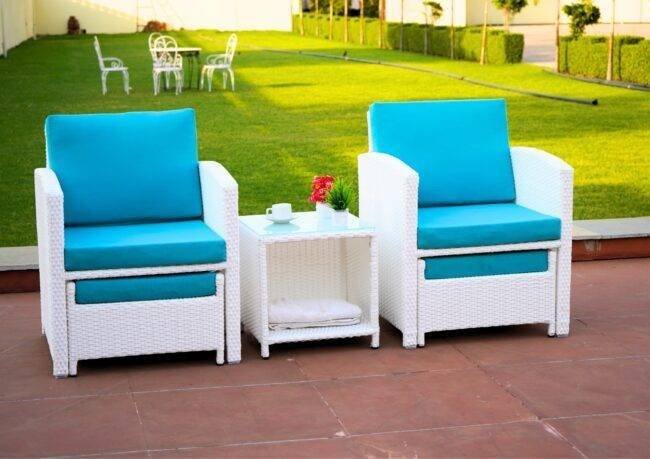5-Piece Rattan Patio Set with Soft Cushion Chair & Ottoman (White & Sky-blue) - Image 3