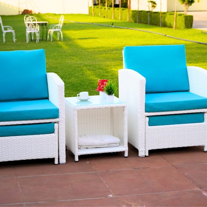 5-Piece Rattan Patio Set with Soft Cushion Chair & Ottoman (White & Sky-blue) - Image 3