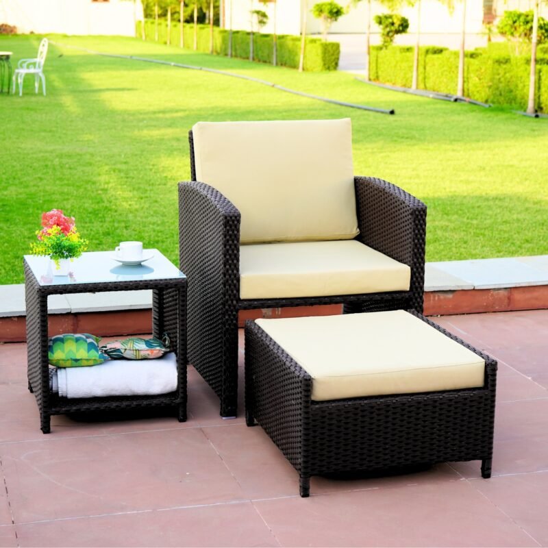 5 Piece Patio Wicker Chair and Ottoman Set (Dark Brown & Cream) - Image 5