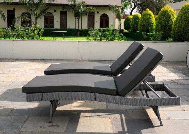 All-Weather HDPE Wicker Outdoor Chaise Lounge Chair Set of 2 (Silver Grey & Grey) - Image 4