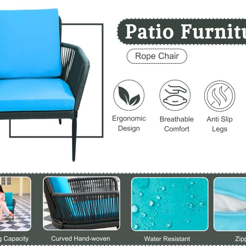 Outdoor Rope 3 Piece Bistro Patio Set (Grey & Sky-blue) - Image 4