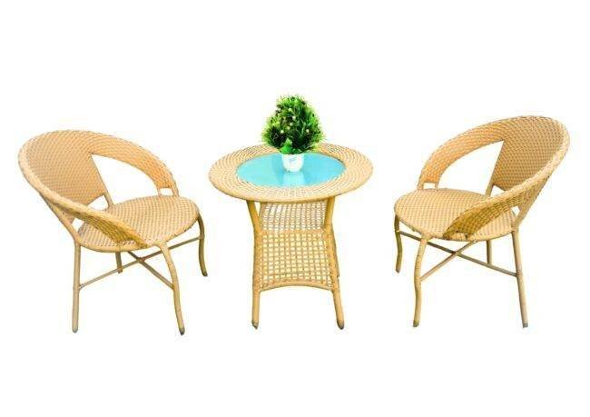 3 Piece Patio Beige HDPE Wicker Rattan Chair & Table Set - Image 7