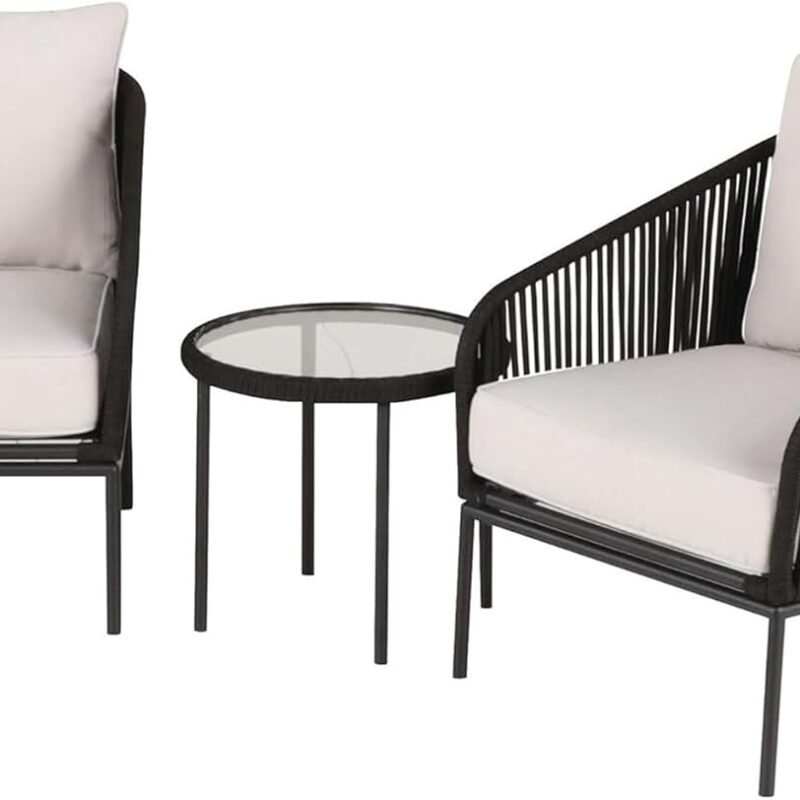 3 Piece Outdoor Rope Bistro Set (Black & White) - Image 2