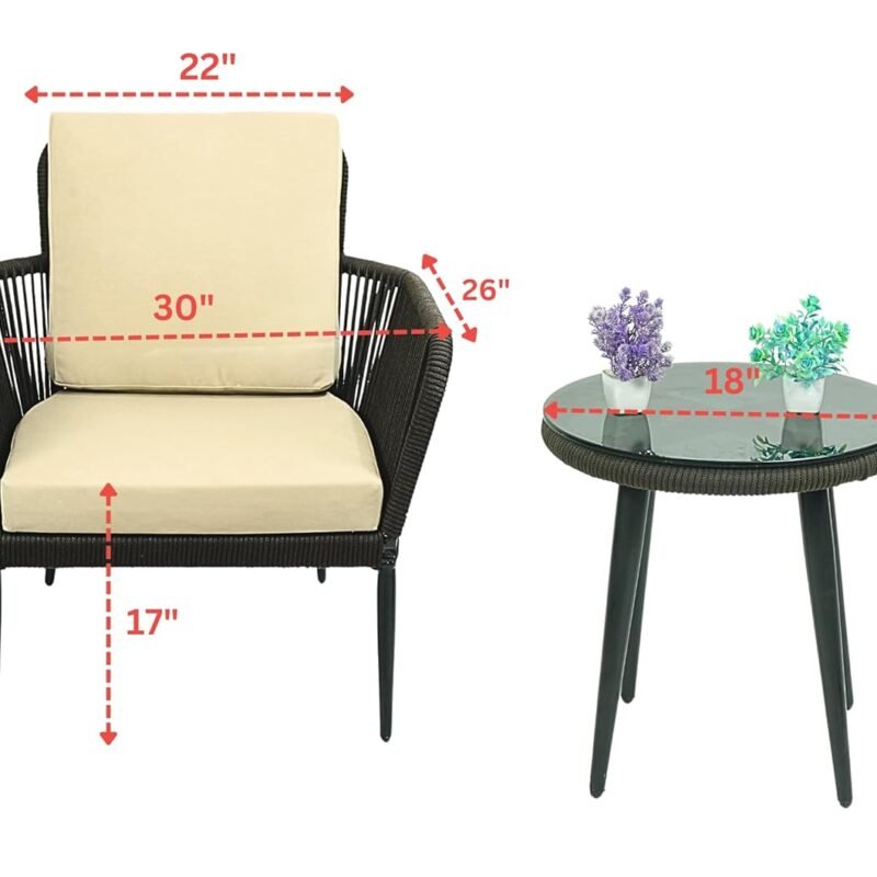 3 Piece Rope Patio Bistro Outdoor Conversation Set (Dark Brown & Cream) - Image 2